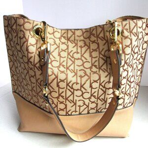 Calvin Klein CK Logo Fabric and Tan Leather Tote NWT, New Without Tags CK Tote